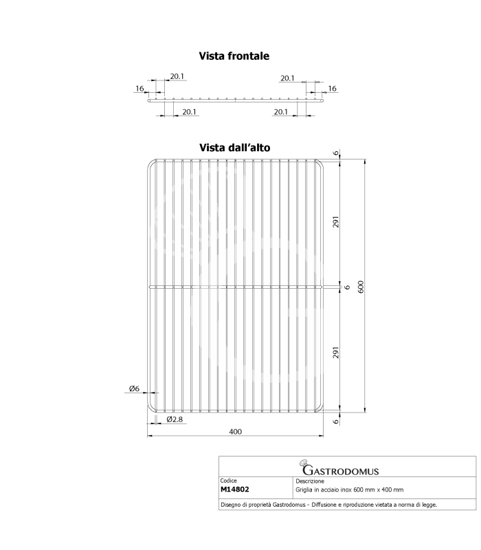 Rejilla de acero inoxydable 600 mm x 400 mm