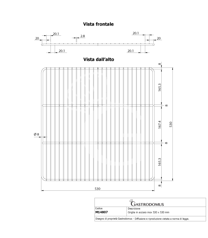 Rejilla de acero inoxidable 530 mm x 530 mm