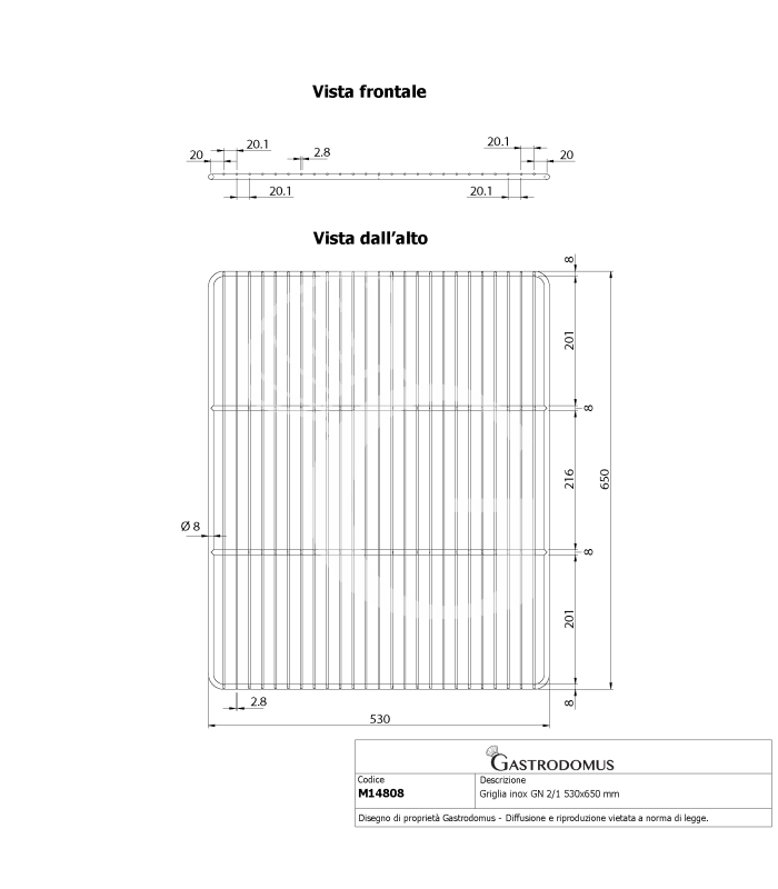 Rejilla de acero inoxidable GN2/1 530 mm x 650 mm
