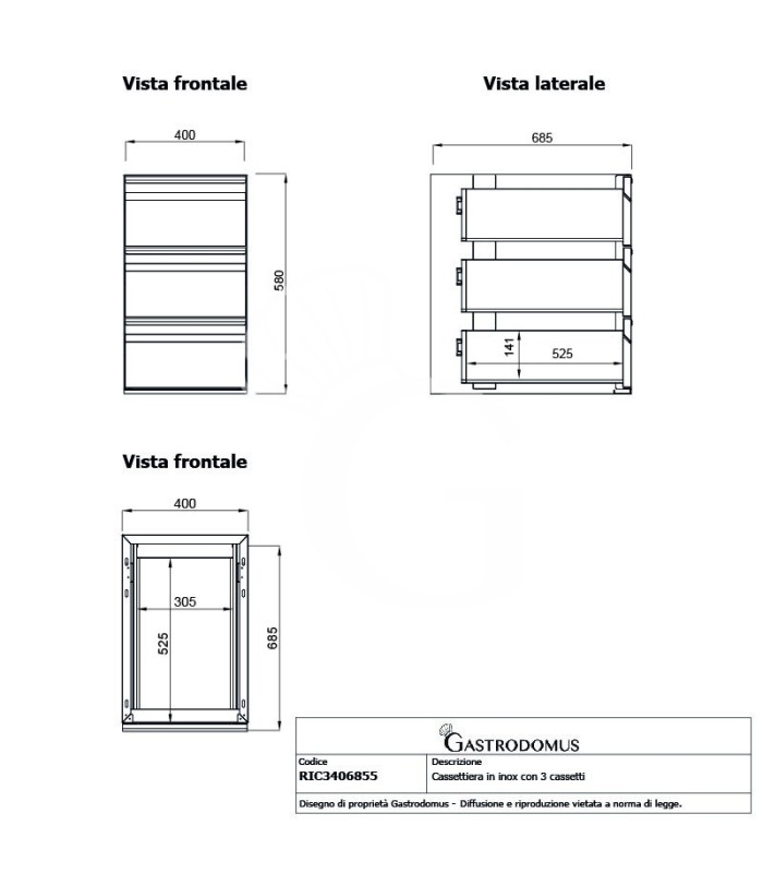 Cajonera de acero inoxidable para enganchar a la mesa, equipada con 3 cajones, L 400 × P 685 × H 580 mm