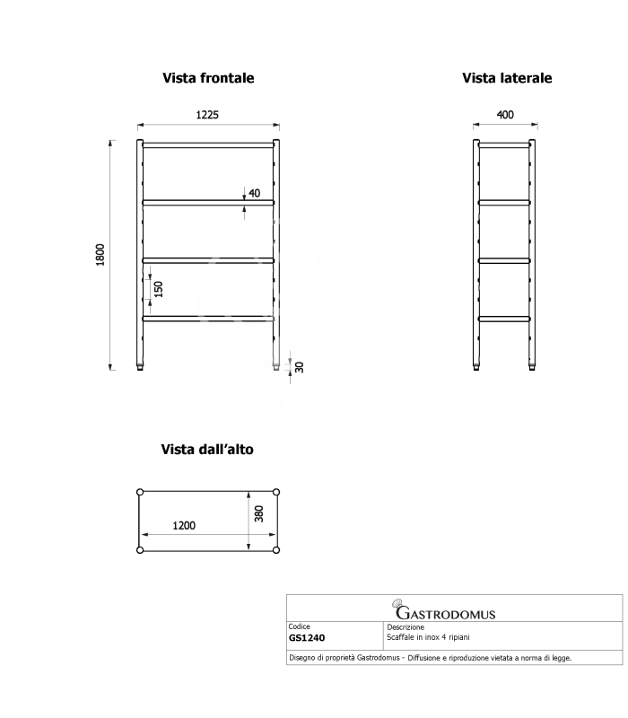 Estantería de pie de acero inoxidable 4 estantes L 1225 x P 400 x A 1800 mm