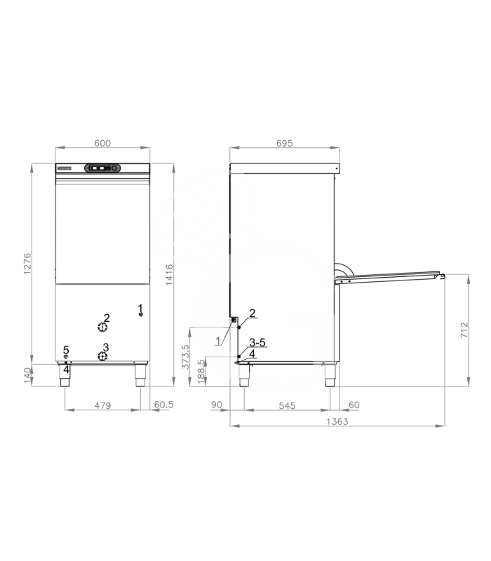 Lavautensilios electromecánico, cesta 500×500mm, altura útil 600 mm, dosificador de detergente y dosificador de abrillantador