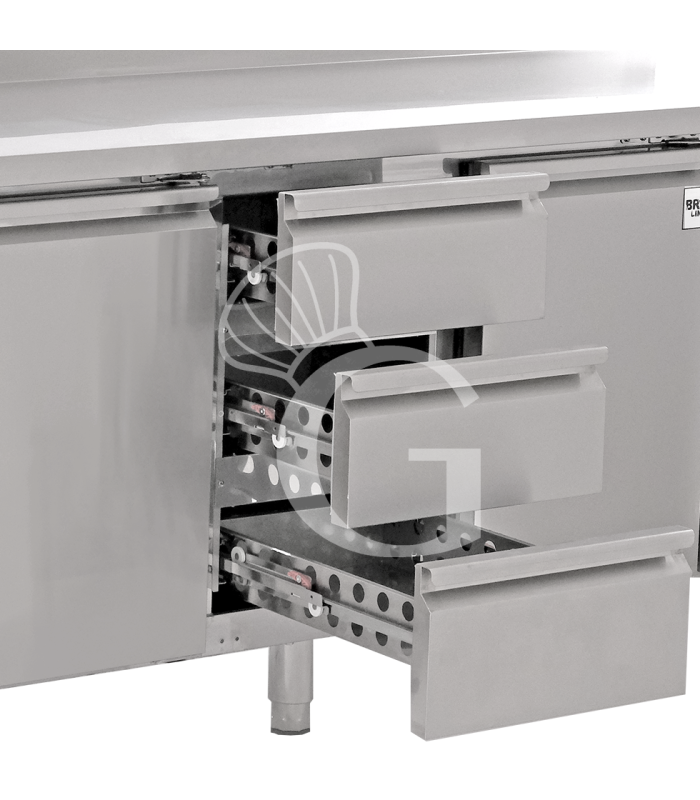 Mesa Refrigerada 9 Cajones 1 Puerta 700 mm de profundidad -2°C/+8°C, peto trasero, Motor a la Izquierda