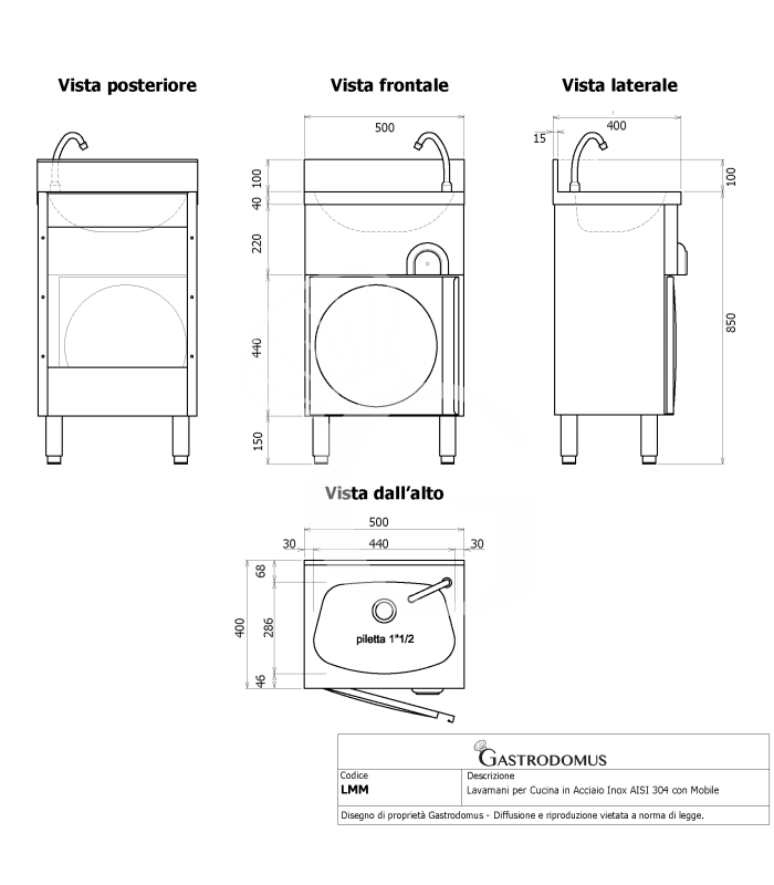 Fregadero de pie para cocina, puerta batiente con mando de rodilla L 500 mm