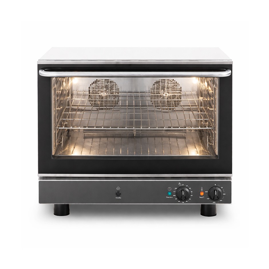 Horno eléctrico para pastelería con humidificador, controles mecánicos, puerta abatible, monofásico para 4 bandejas 600x400 mm