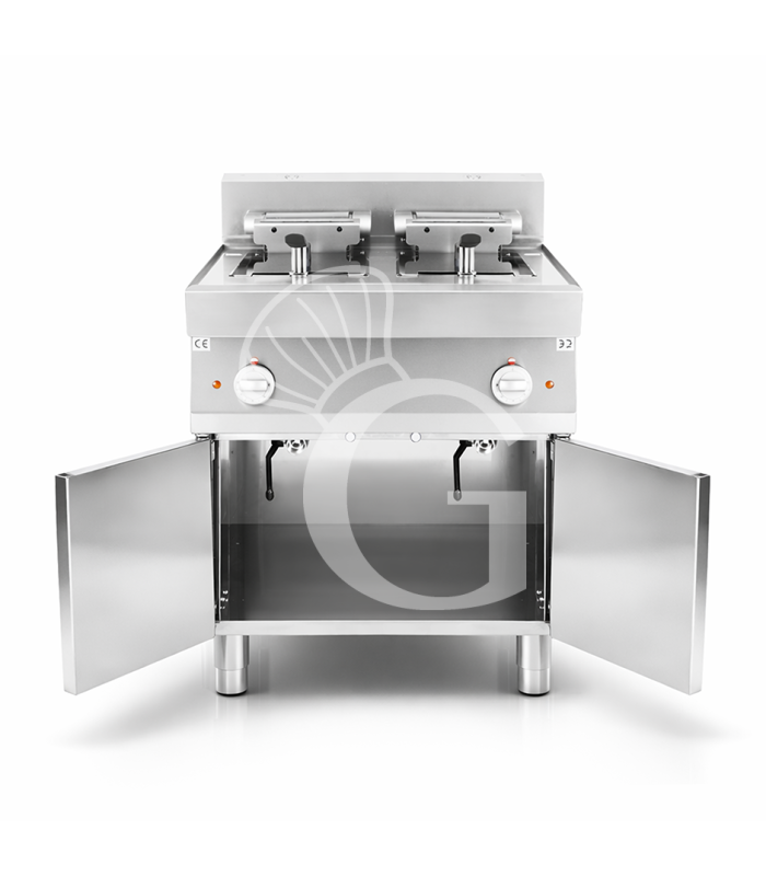 Freidora eléctrica industrial con mueble cerrado 2 cubas 10 LT + 10 LT 15 Kw Trifásica