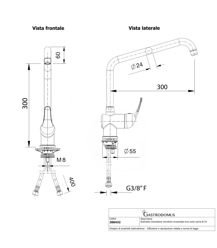 Grifo mezclador con asa horizontal y caño Ø 24