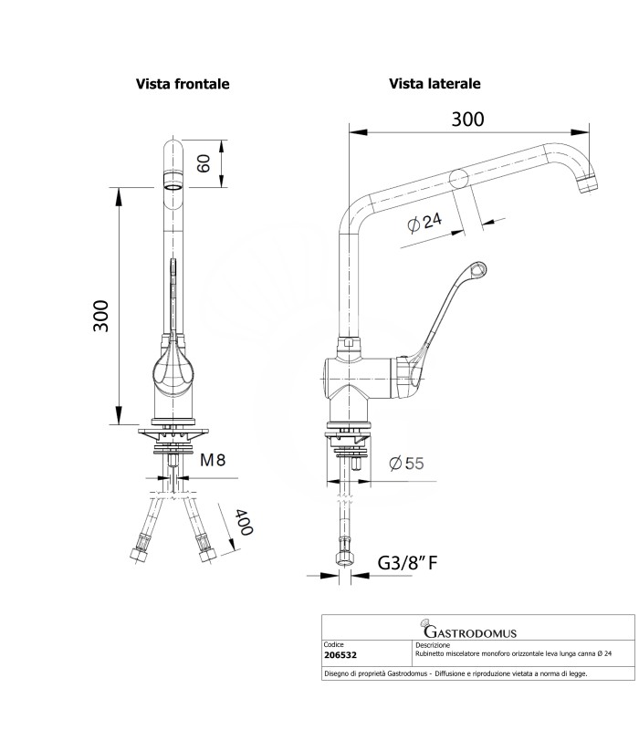 Grifo industrial de un solo agujero con asa larga y horizontal con caño de Ø 24 mm