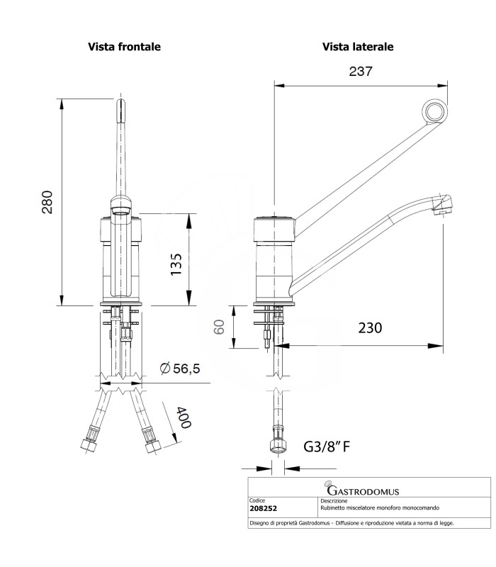 Grifo industrial monomando con caño giratorio y asa de plástico - L 230 mm