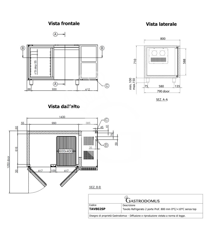 Mesa refrigerada sin top con 2 puertas, profundidad 800 mm, temperatura 0°C/+10°C – Clase energética A