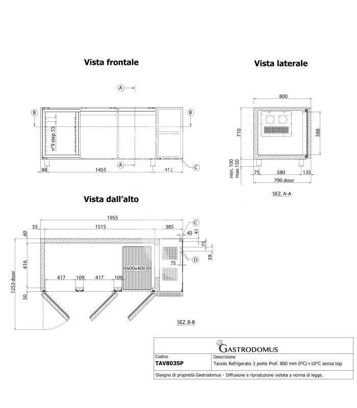 Mesa refrigerada 3 puertas Prof. 800 mm 0°C/+10°C sin top – Clase energética A