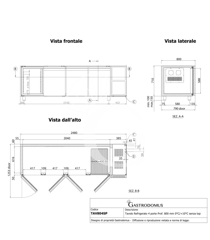 Mesa refrigerada 4 puertas Prof. 800 mm 0°C/+10°C sin top – Clase energética A
