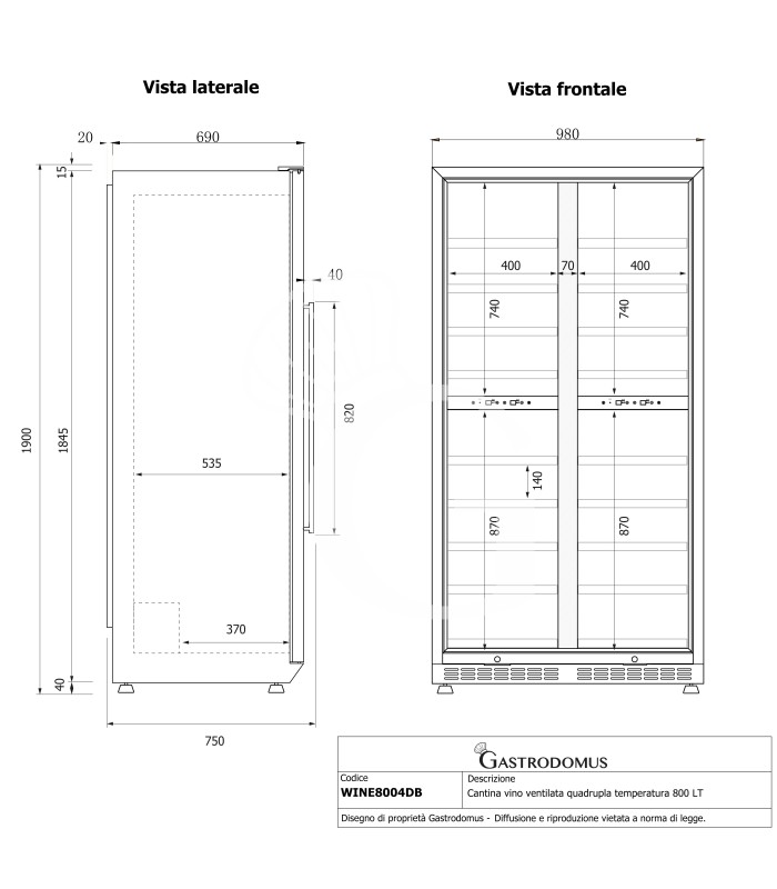 Vinoteca ventilada de cuádruple temperatura 800 L, 18 estantes, 154 botellas +5 °C / +22 °C