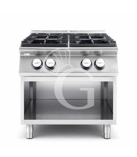 Cocina de gas profesional 4 fuegos con mueble abierto profundidad 900 mm