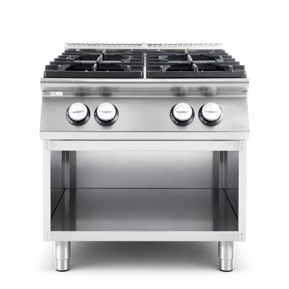 Cocina de gas profesional 4 fuegos con mueble abierto profundidad 900 mm