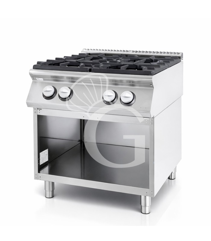 Cocina de gas profesional 4 fuegos con mueble abierto profundidad 900 mm