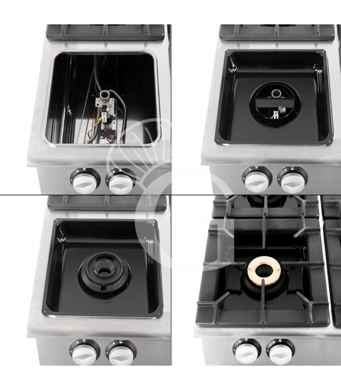Cocina de gas profesional 4 fuegos con mueble abierto profundidad 900 mm