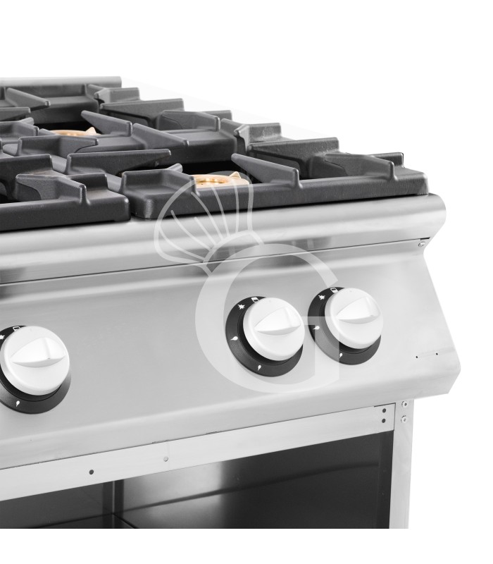 Cocina de gas profesional 4 fuegos con mueble abierto profundidad 900 mm