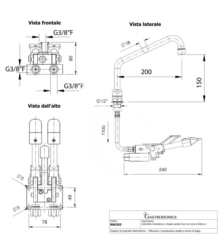Grifo de pedal con base hexagonal y bloqueo – 200 x 150 mm