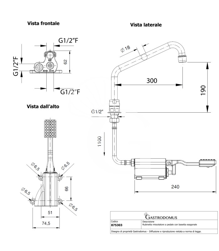 Grifo de pedal con base hexagonal– 300 x 190 mm – agua caliente