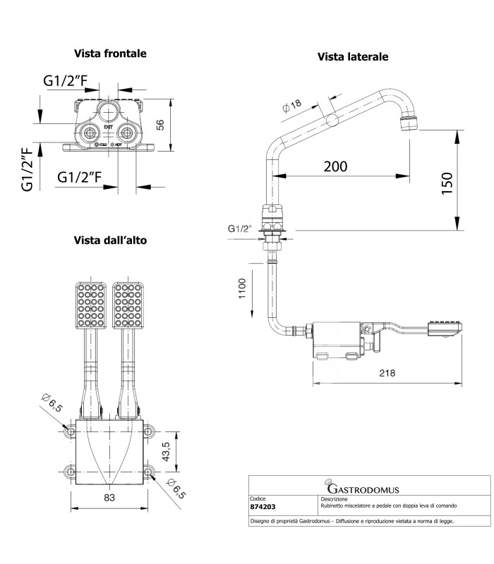 Grifo de doble pedal y base hexagonal –agua caliente y fría- caño L 200 m
