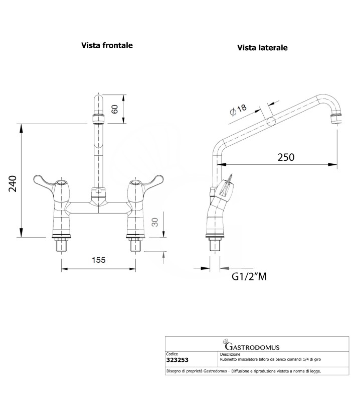 Grifo mezclador de dos orificios para instalación de sobremesa, mando de ¼ de giro, longitud 250 mm