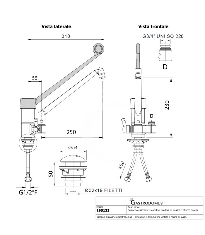 Grifo industrial monomando con asa de plástico negro serie C40 y conexión para ducha - L 250 mm