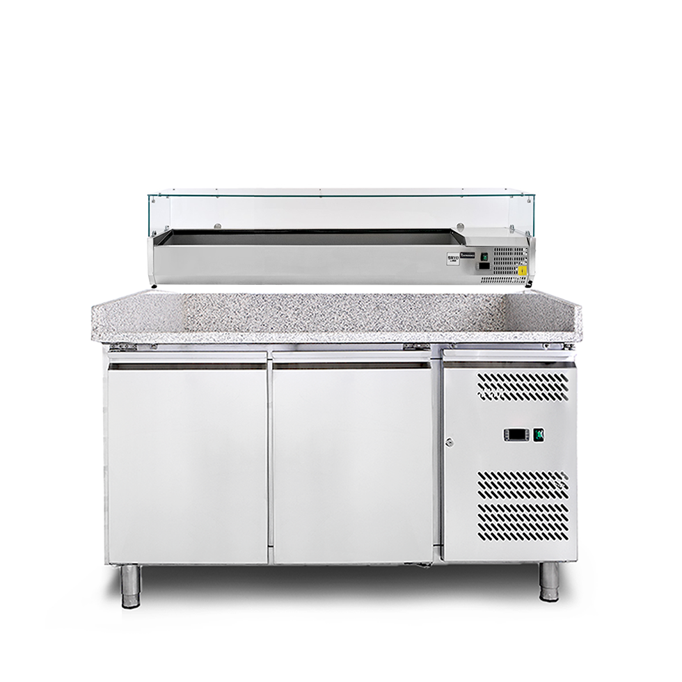 Mesa pizza refrigerada encimera granito 2 puertas y vitrina refrigerada para 7 cubetas GN 1/4