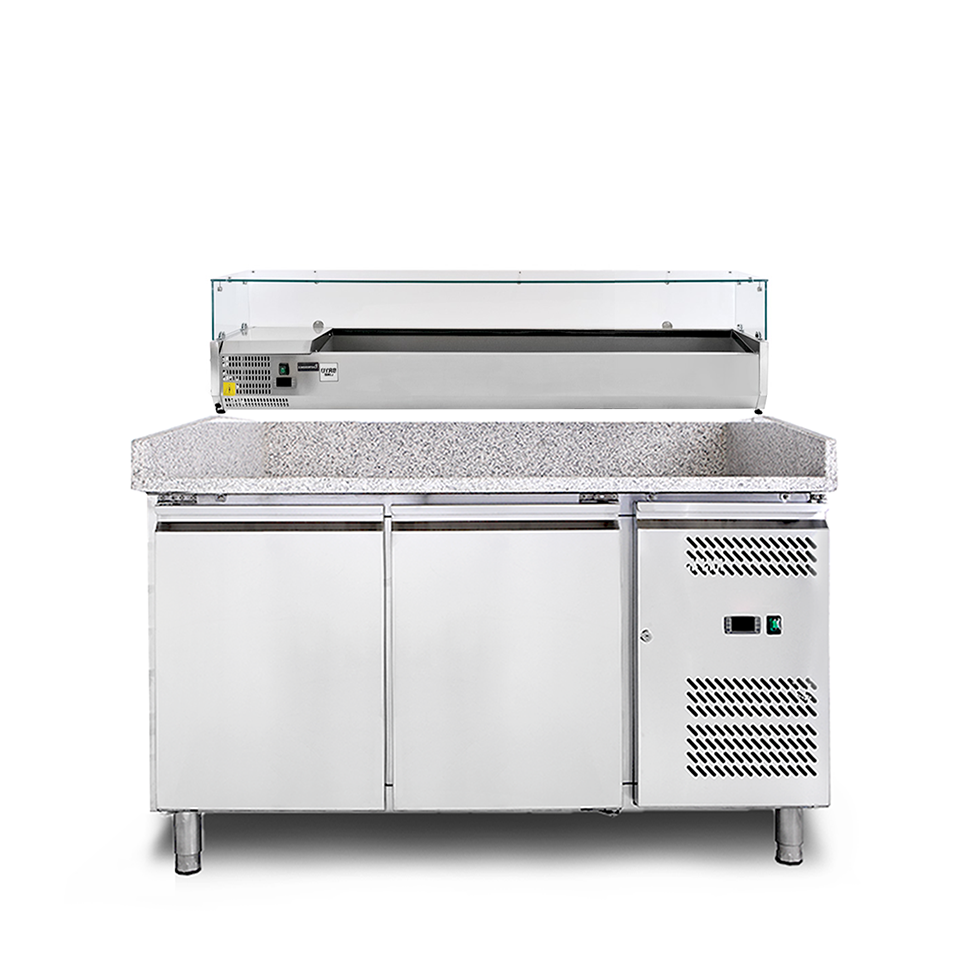 Mesa Pizza refrigerada encimera granito 2 puertas 390L y vitrina refrigerada motor izquierda para 7 cubetas GN 1/4.