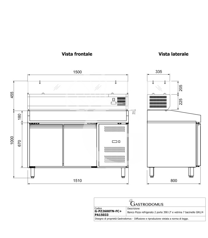 Mesa pizza refrigerada encimera granito 2 puertas y vitrina refrigerada para 7 cubetas GN 1/4