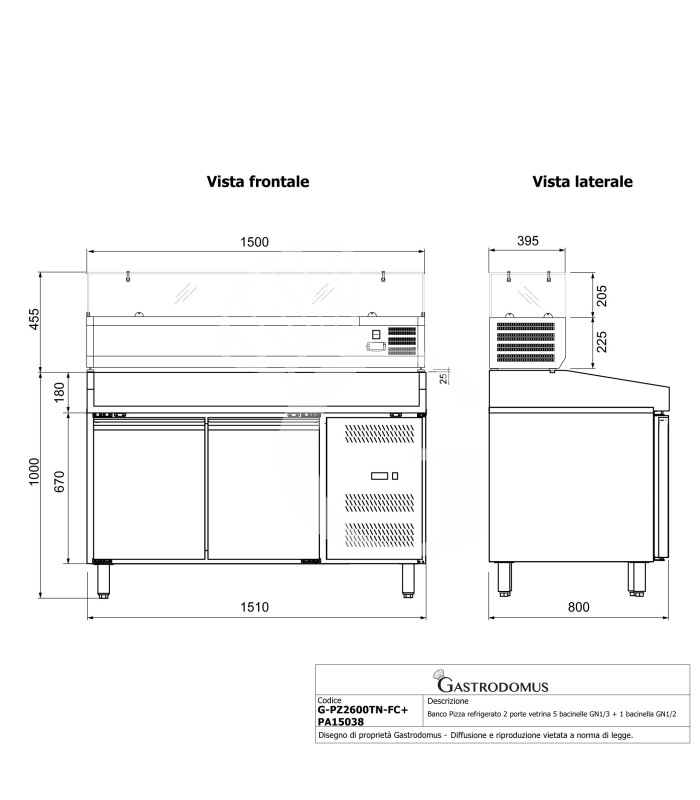 Mesa Pizza refrigerado encimera en granito 2 puertas y vitrina refrigerada para 5 cubetas GN 1/3 + 1 cubeta GN 1/2