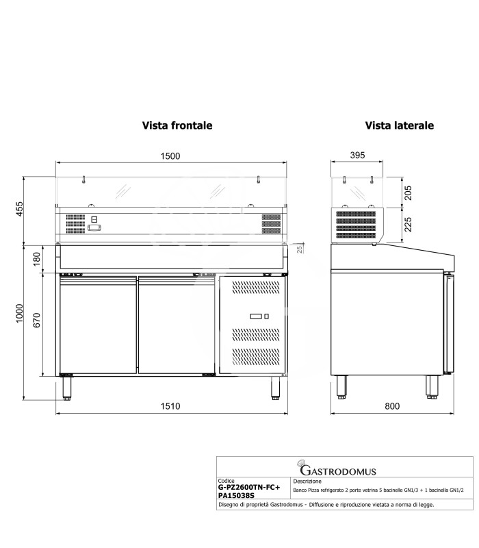 Mesa Pizza refrigerada encimera granito 2 puertas y vitrina refrigerada motor a la izquierda para 5 cubetas GN1/3+1 cubeta GN1/2