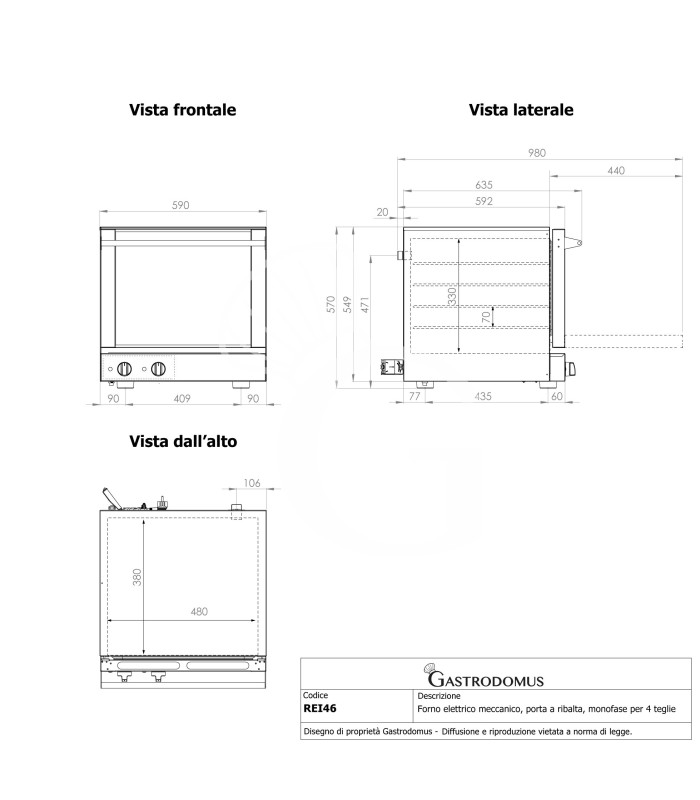 Horno eléctrico , mandos mecánicos, puerta abatible, monofásico para 4 bandejas 460x340 mm