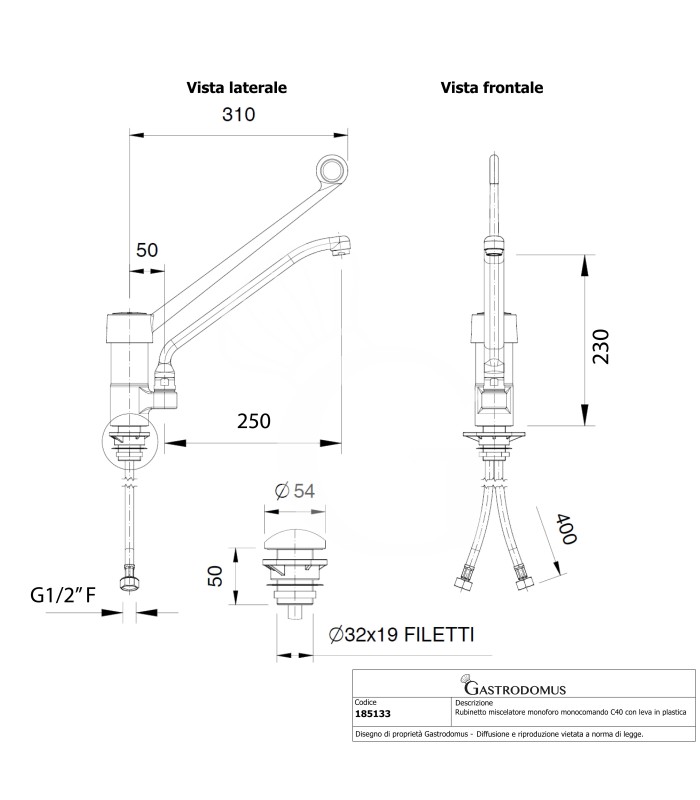 Grifo industrial monomando con asa de plástico serie C40- L 250 mm