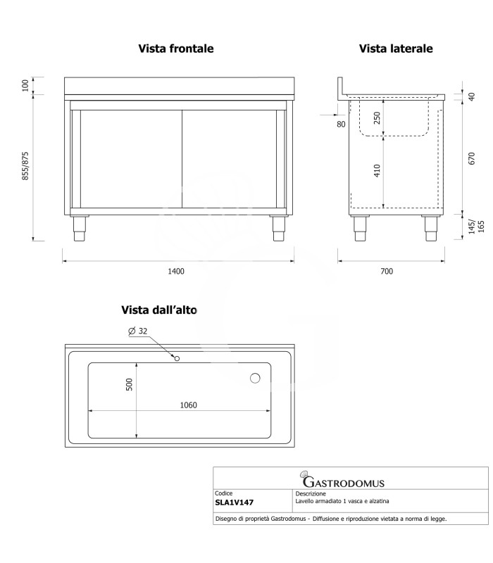 Fregadero para ollas con mueble inox 2 puertas correderas, peto, 1 cuba L 1400 mm x P 700 mm x A 965 mm agujero grifo Ø32mm