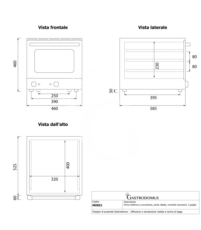 Horno eléctrico de convección, puerta abatible, controles mecánicos, 3 rejillas, potencia 2,6 kw