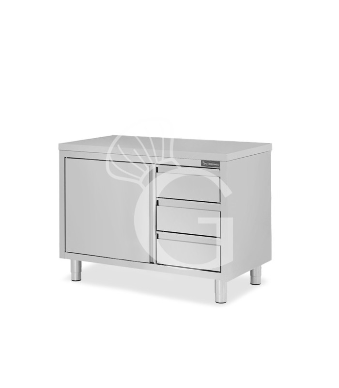 Mesa, 2 puertas abatibles, 3 cajones en el lado derecho y L 1200 mm x P 800 mm x H 850 mm