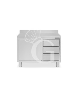 Mesa de acero inoxidable con 2 puertas abatibles, 3 cajones en el lado derecho ,peto L 1200 mm x P 800 mm x H 950 mm
