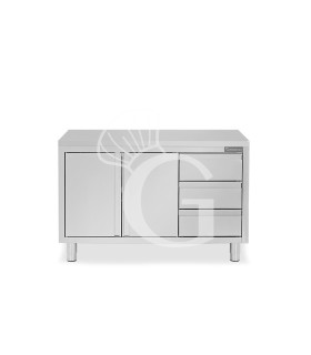 Mesa mural de acero inoxidable 2 puertas correderas, 3 cajones a la derecha L 1400 mm x P 700 mm x A 850 mm