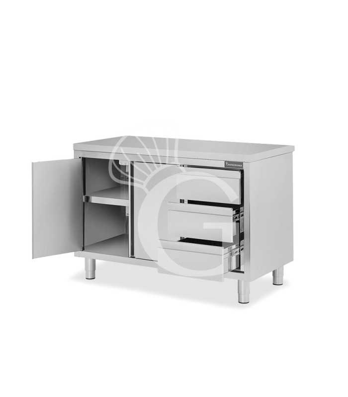 Mesa con 2 puertas correderas, 3 cajones en el lado derecho , L 1400 mm x P 800 mm x H 850 mm