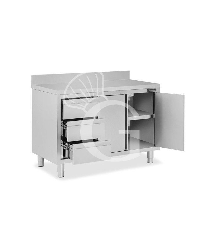 Mesa mural de acero inoxidable 2 puertas correderas, 3 cajones a la izquierda y peto L 1400 mm x P 700 mm x A 950 mm