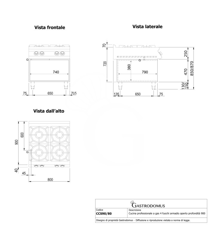 Cocina de gas profesional 4 fuegos con mueble abierto profundidad 900 mm