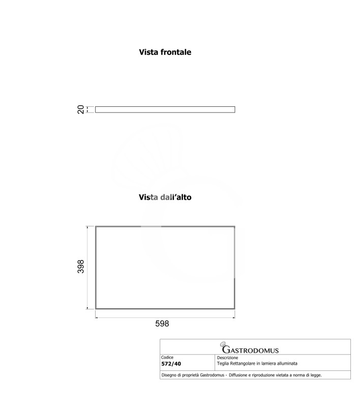Molde rectangular de chapa aluminizada para pizza, L 598 mm x P 398 mm X A 20 mm