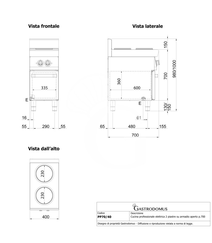 Cocina eléctrica profesional 2 placas en mueble abierto de 700 mm de profundidad