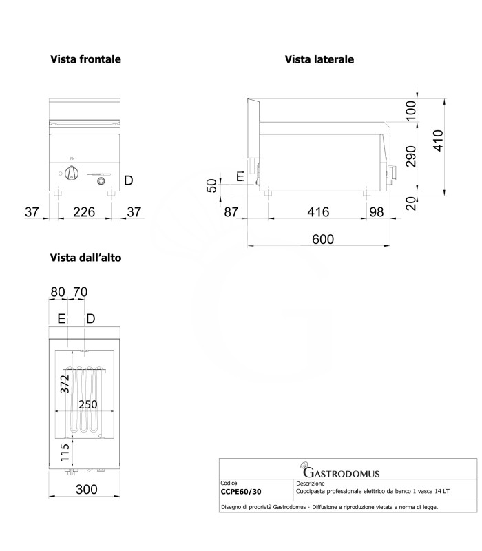 Cocedor de pasta eléctrico profesional de sobremesa 1 cuba - 14 LT - L 300 mm x P 600 mm x A 410 mm