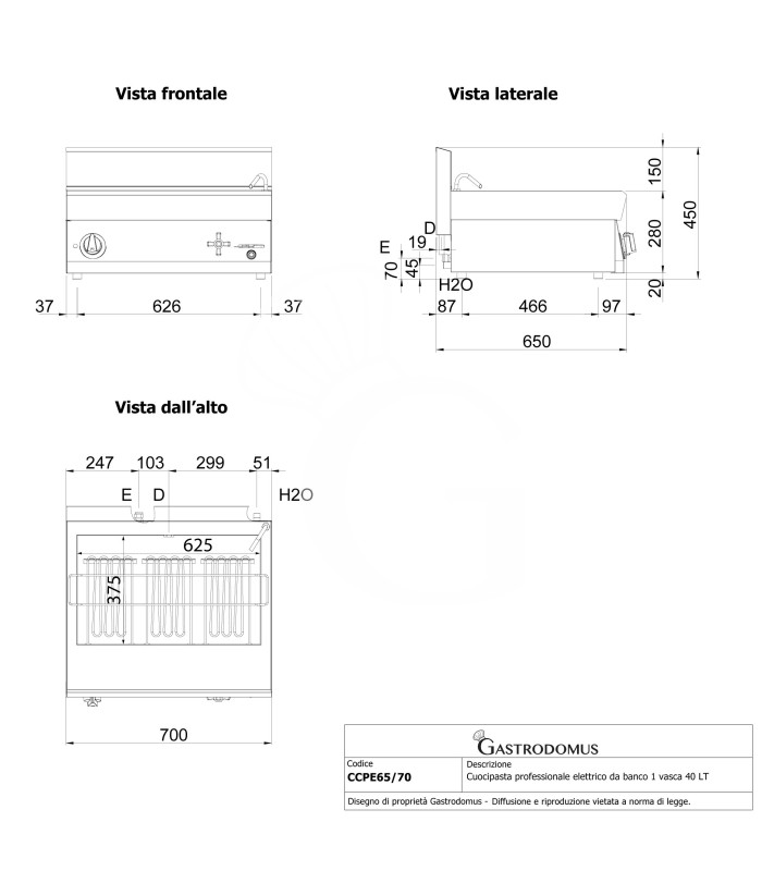 Cocedor de pasta eléctrico profesional de sobremesa 1 cuba - 40 LT - L 700 mm x P 650 mm x A 450 mm