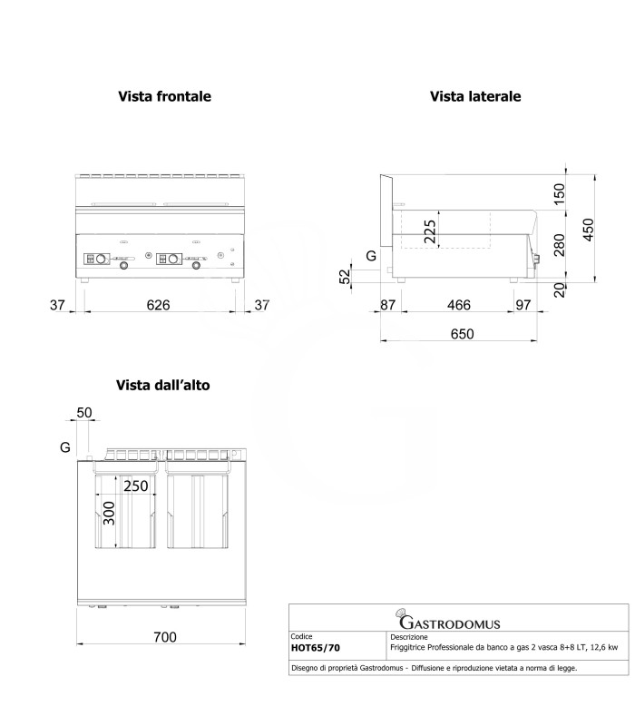 Freidora de sobremesa a gas con 2 cubetas, capacidad de 8 LT + 8 LT 12,6 kW