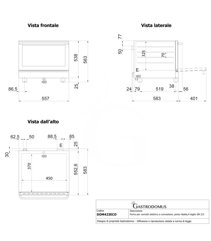 Horno eléctrico de convección para cruasanes, puerta abatible, controles mecánicos, 4 bandejas GN 2/3, potencia 2,8 kw