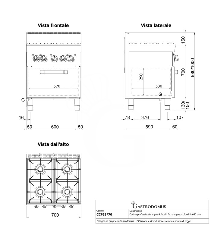 Cocina profesional de gas 4 fuegos con horno a gas profundidad 650 mm