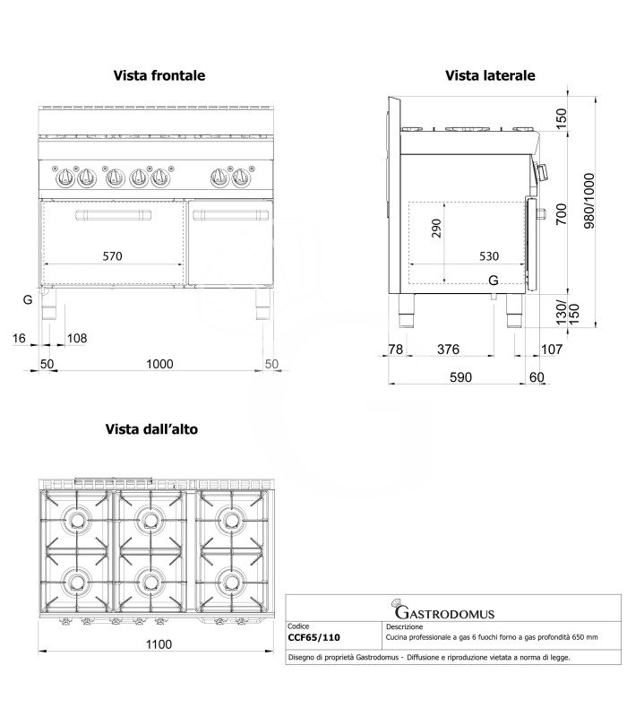 Cocina de gas profesional con 6 quemadores, armario, profundidad 650 mm